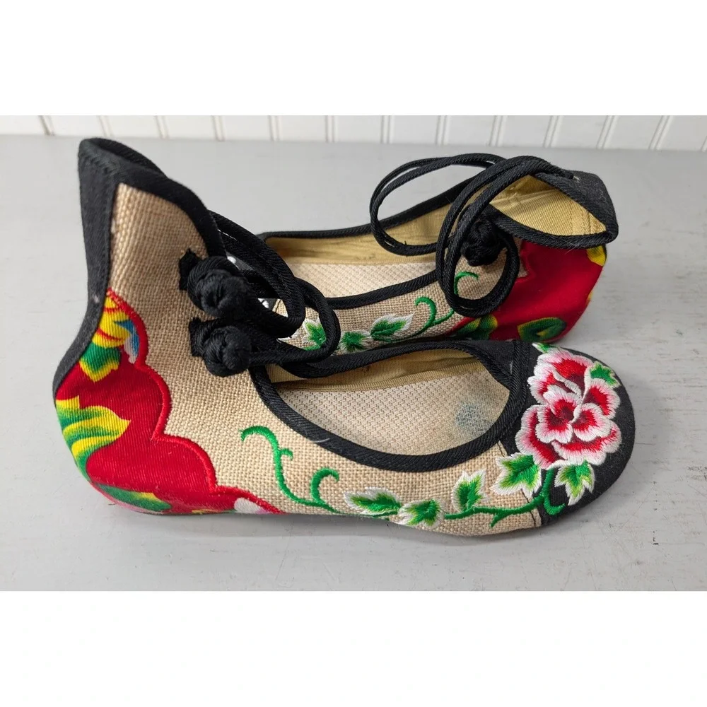 Traditional Chinese Floral Embroidered Double Ankle Wrap Ballet Shoes Size 39
